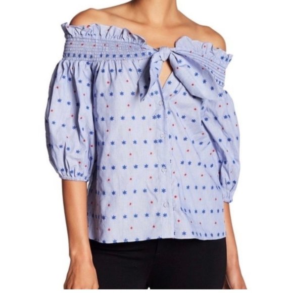 Parker Tops - Parker Small Spade Blue Embroidered Chest Bow On Off Shoulder Top1/2 Sleeve Top
